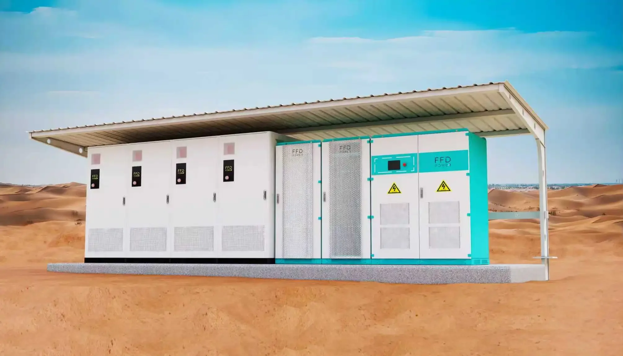 FFD Power Solarenergiespeichersystem-Installation in einer Wüstenumgebung mit Batterieschränken und einer Microgrid-Steuereinheit.