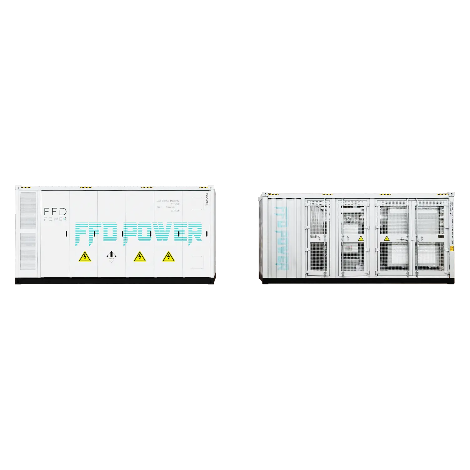 FFD Power großflächiges containerisiertes Energiespeichersystem mit Vorder- und Innenansichten der Racks.