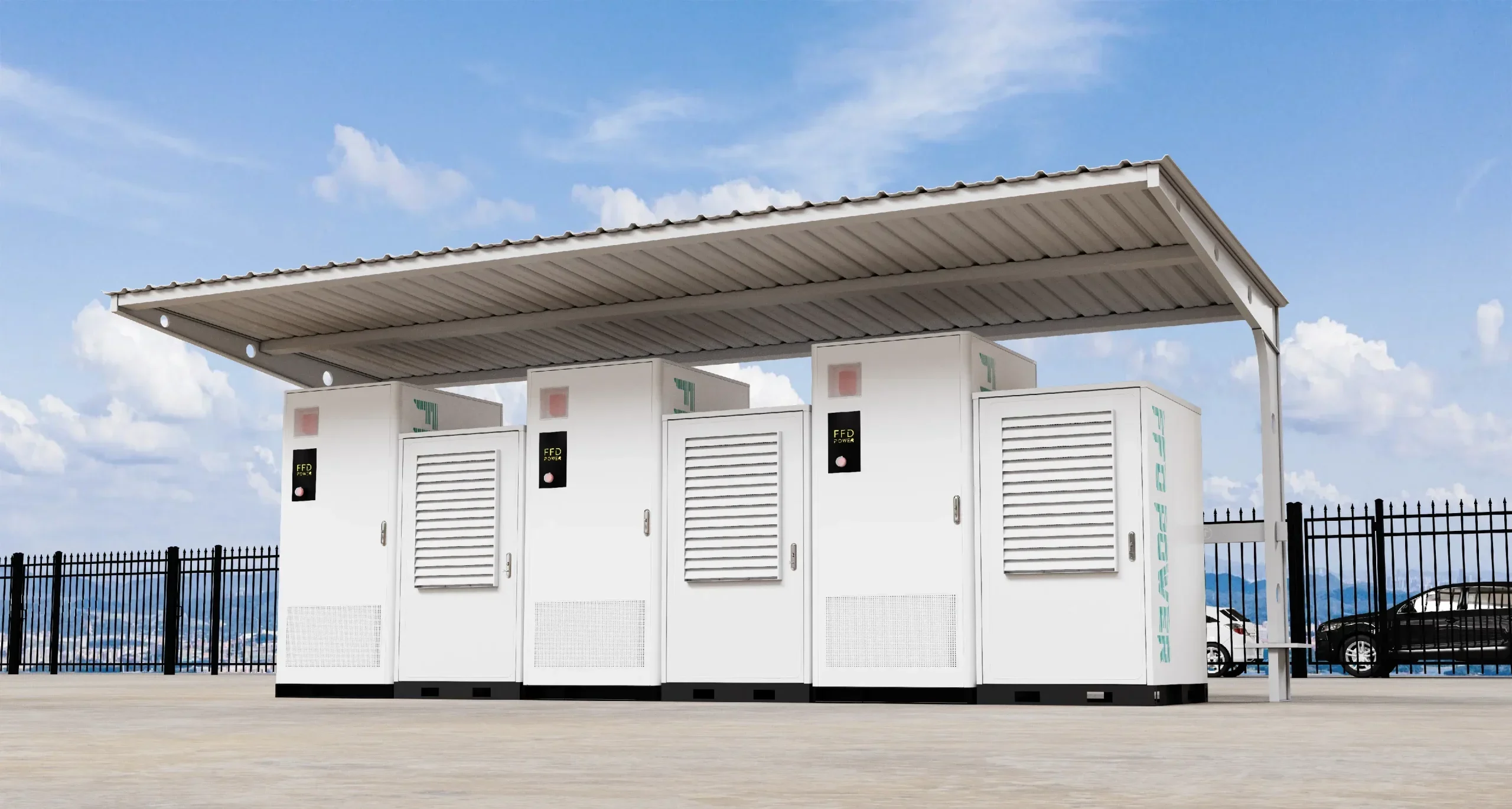 Außeninstallation von FFD Power Galaxy-Serie Energiespeicherschränken mit integrierten Luftkühlungseinheiten unter einer Schutzüberdachung.