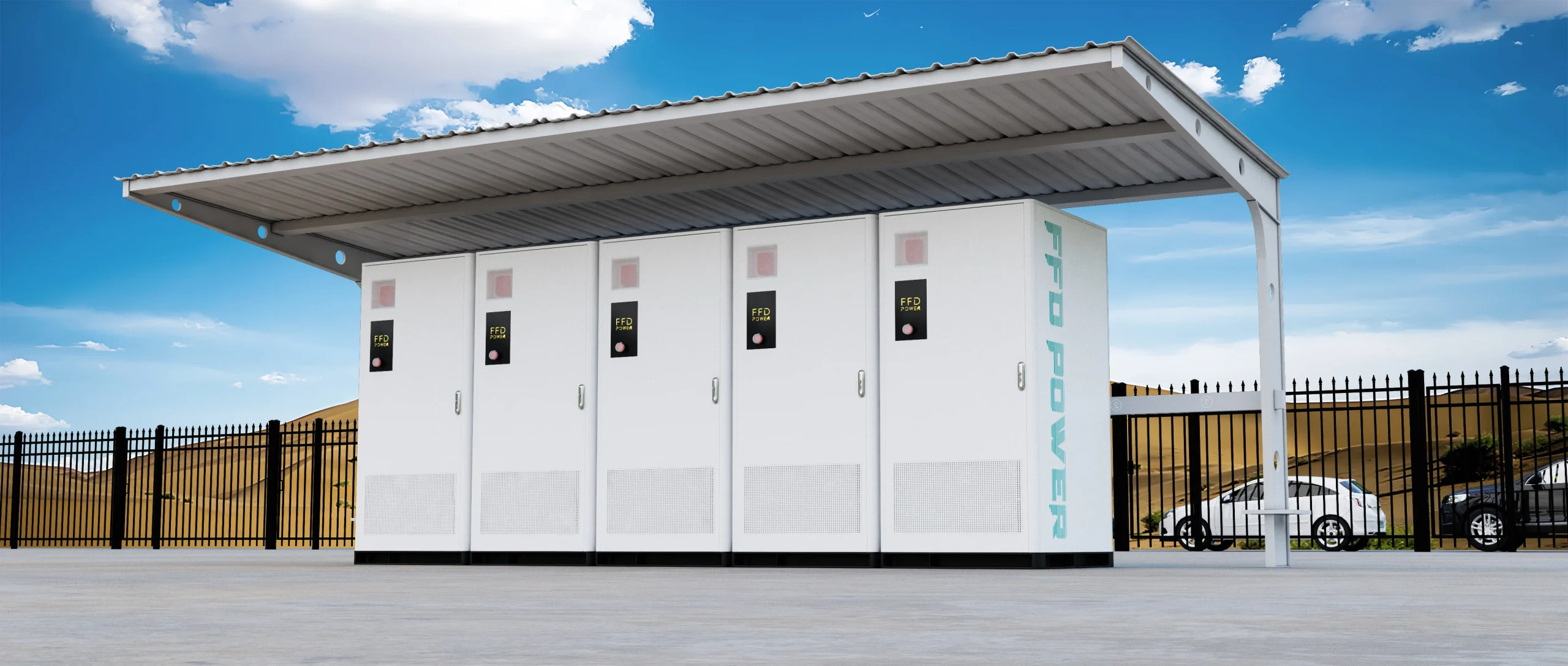 FFD Power Galaxy-Serie industrielle Energiespeicherschränke, installiert an einer Außenanlage in der Wüste mit einer Schutzüberdachung.